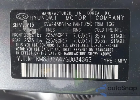 2016 Hyundai Tucson Se из США, поврежденный, VIN KM8J33A47GU084363